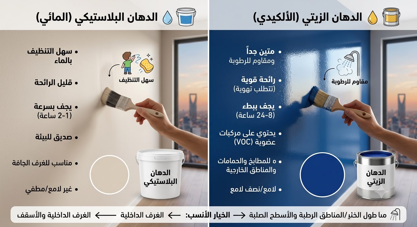 الفرق بين الدهان البلاستيكي والزيتي للجدران والأسقف في الرياض 2026